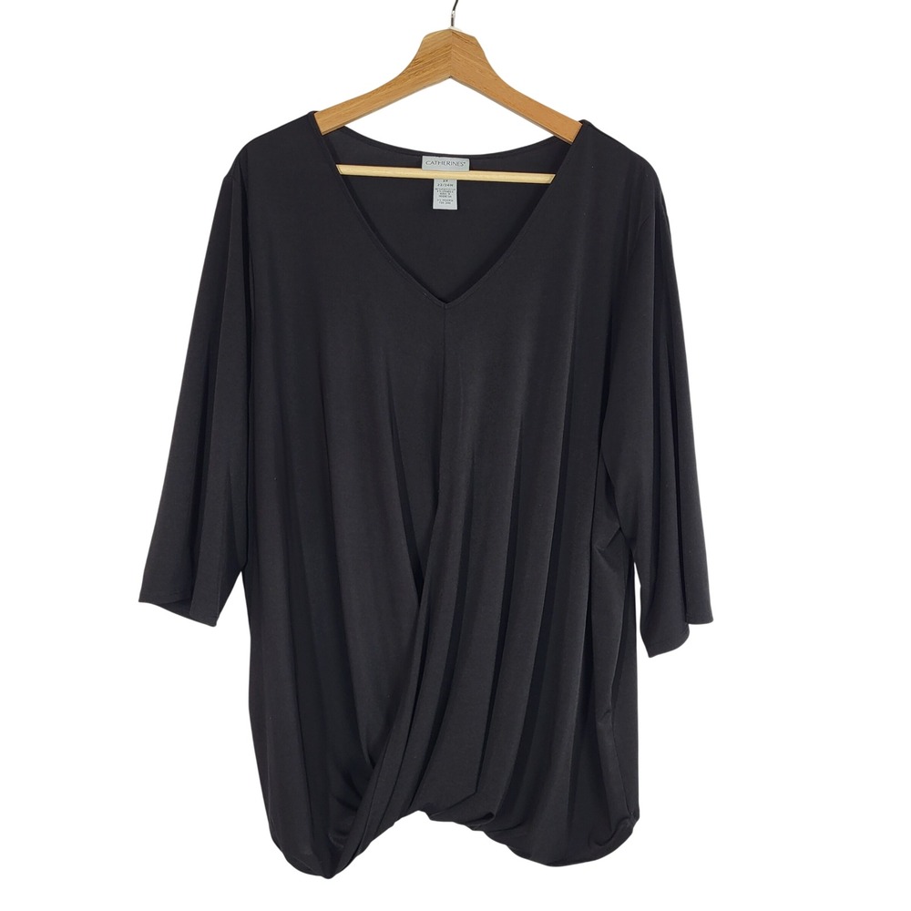Catherines Black Faux Wrap V Neck Top 2X 22/24W 3/4 Sleeve Dressy Minimalist
